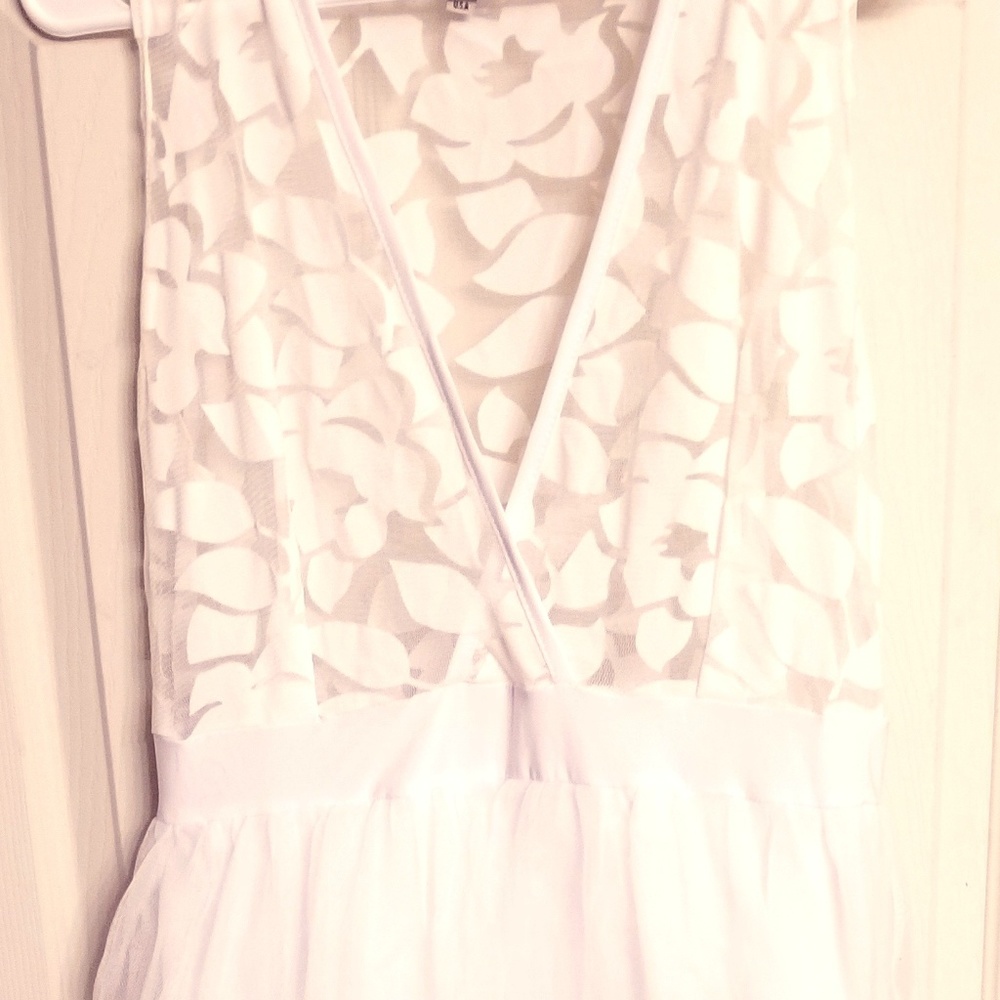 White deep V sheer dress